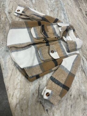 Kids Plaid Shacket in Cream & Tan - Cozy Button-Front Jacket